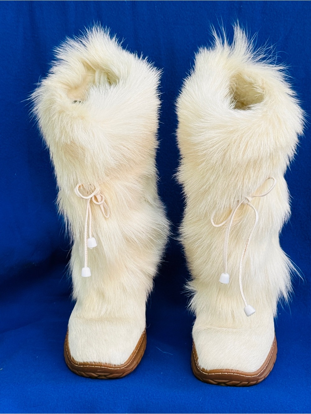 Faux Fur Cream Knee-High Winter Boots with Drawstring